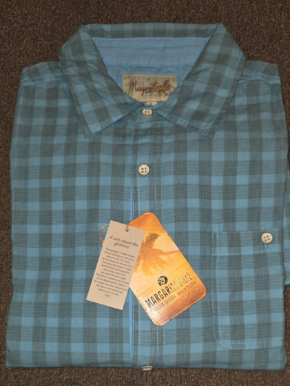 Margaritaville Light Blue and Gray Plaid Button-Down Shirt